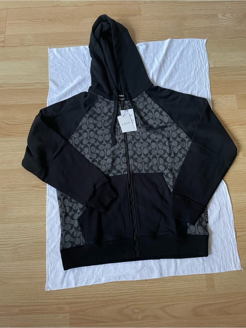 Coach Men’s Black Signature Logo Panel Zip-Up Hoodie